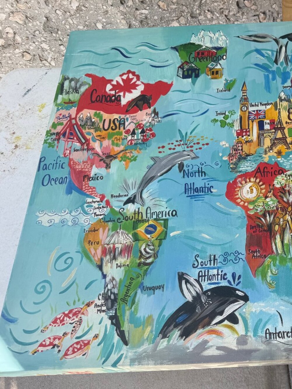 Colorful Kid World Map Canvas Art 40x30x1.5" Liesl Long Mixed Media